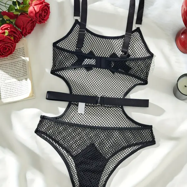 Elegant Large Cutout Fishnet Bodysuit with Garter – Multi-Piece Set