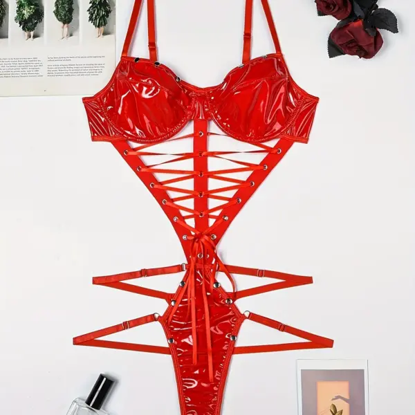 Elegant Red Lace Corset Bodysuit with Lace-Up Details – Sheer Mesh Cover, Lace-Up Design