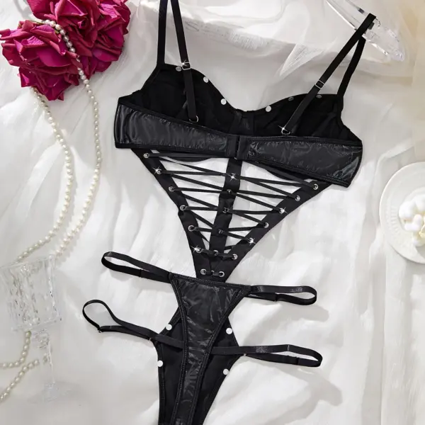 Women's Sexy PU Bodysuit with Studded Accents, Cross Cutouts, and Lace-Up Details