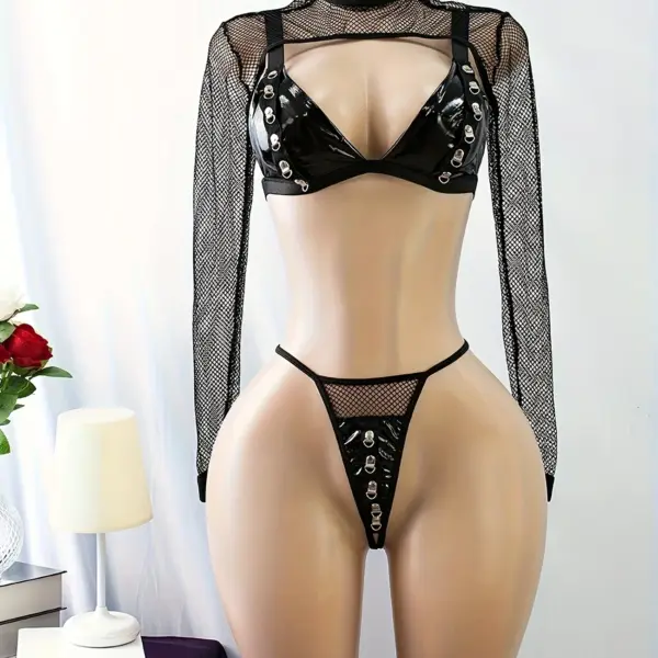 Sexy Women's Lingerie Set – Shiny Three-Piece Bra and Panty Set with Backless Design