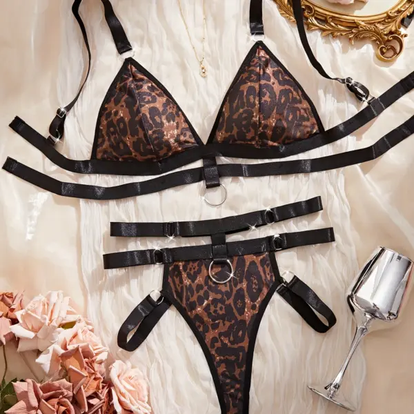 Sexy Leopard Print Women's Lingerie Set with Black Straps and Ring Details