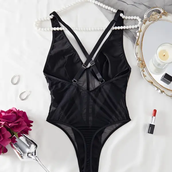 New European and American PU Patchwork Reflective Sexy V-Neck Fashionable Erotic Bodysuit