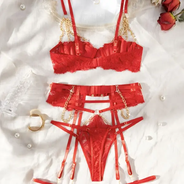 New Style Lei Contrast Lace Design Fashion Metal Chain Strap Bra – Nightclub Hot Steel Ring Bra Set