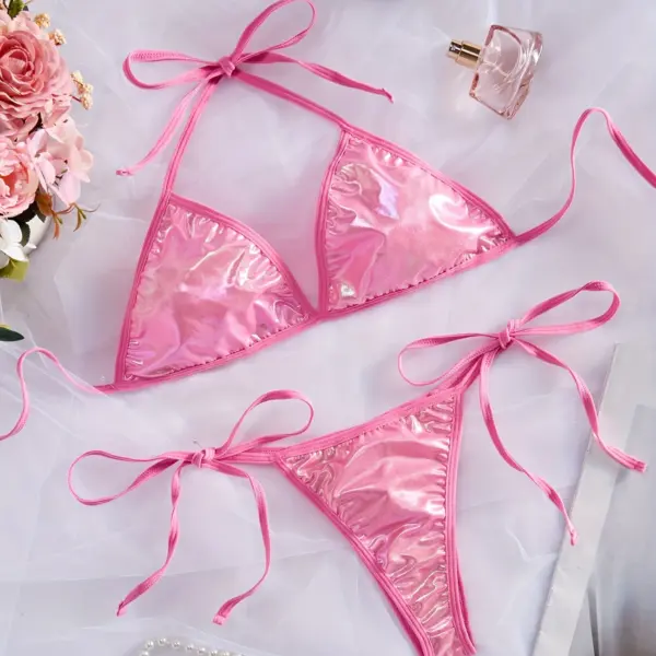 Metallic Colored Neck Strap Triangle Lingerie Set