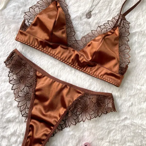 High-Quality Elegant Coffee Brown Embroidered Sexy Lingerie Set – Top and Panties