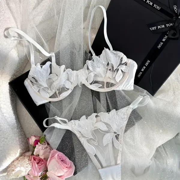 Solid Floral Embroidery Lingerie Set – Intimate Bra & Thong, Women's Sexy Lingerie & Underwear