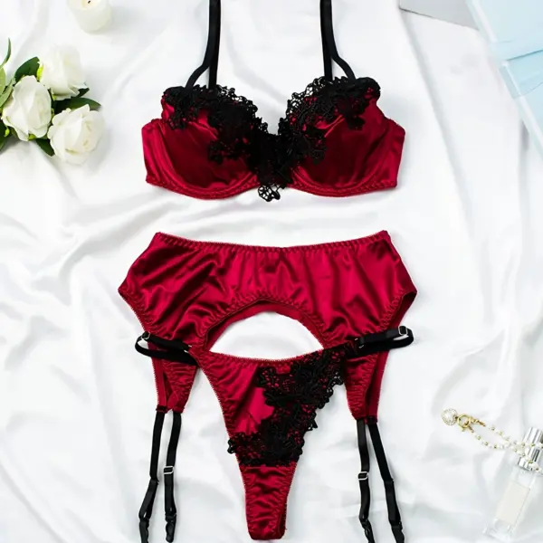 Attractive Satin Bra and Panty Set with Floral Embroidery – Padded Bra, Thong, and Garter Belt Lingerie Set, Women's Lingerie and Intimates