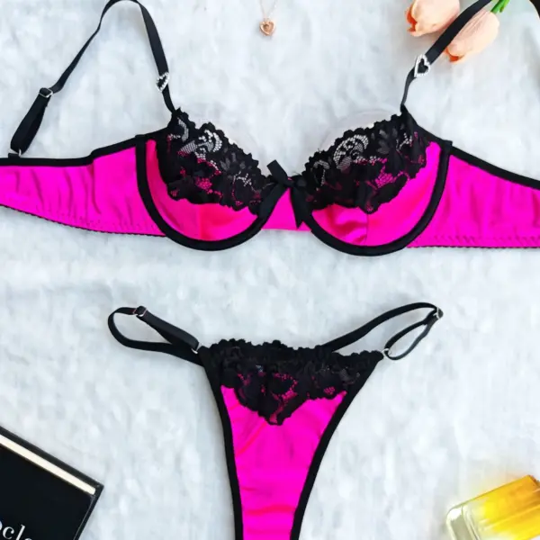 Stylish Lace-Trimmed Bra & Panty Set for Women – Color Blocked, Semi-Sheer, Stretch Fabric, Hand Washable
