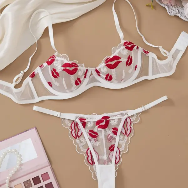 Valentine's Day Floral Pattern Women's Lingerie Set – Mature Style Polyester Mesh Fabric, Embroidered Sheer Mesh Bra and Adjustable Thong