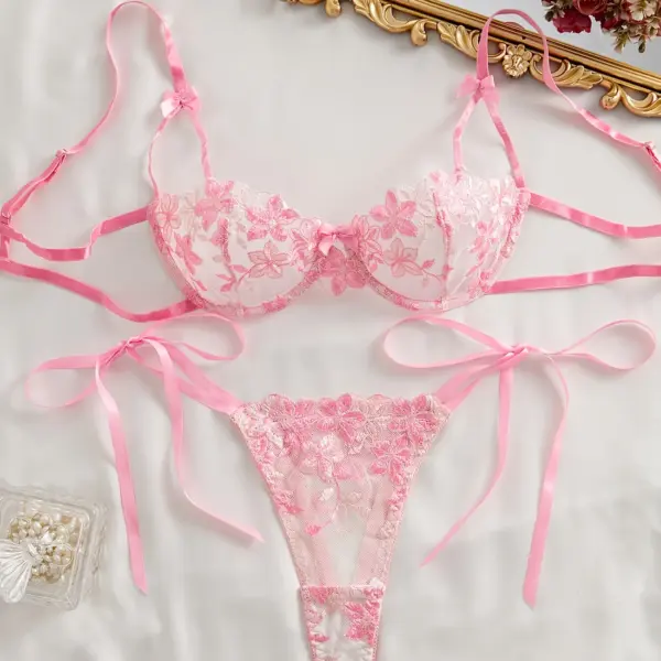Floral Pattern Lace Embroidered Mesh Bra and Panty Set