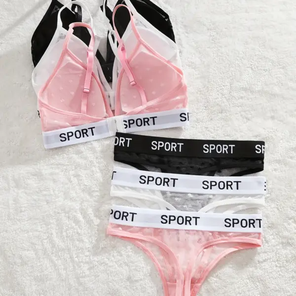 3-Piece Letter Print Bra & Panty Set – Wireless Bra & Mesh Thong Lingerie Set