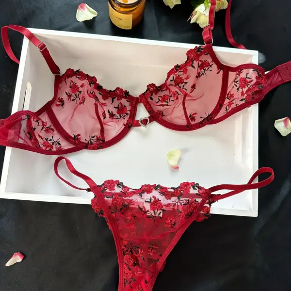 Floral Embroidery Lingerie Set – Hollow Out Unlined Bra and Sheer Mesh Thong, Women's Sexy Lingerie and Intimates