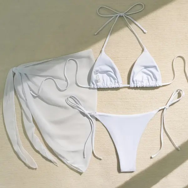 Solid Color 3-Piece Bikini Set – Halter V-Neck Tie and Backless Design