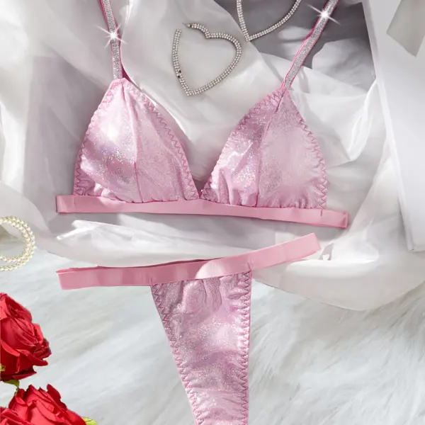Adjustable Strap Elegant Pink Glitter Lingerie Set – Sexy Triangle Bra & High-Waist Panties, Polyester Blend, Ideal for Parties & Dates