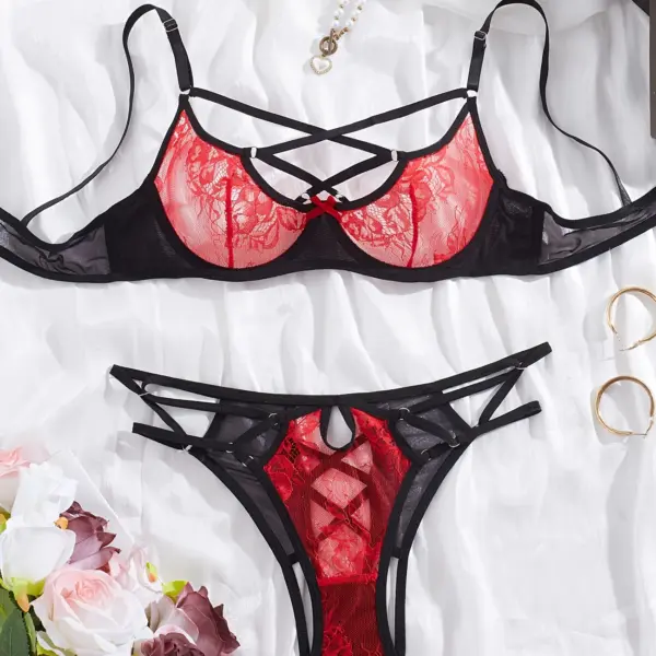 Sexy Colorblock Floral Lace Bra and Panty Set – Bow Crisscross Bra and Panties, Women's Lingerie and Intimates
