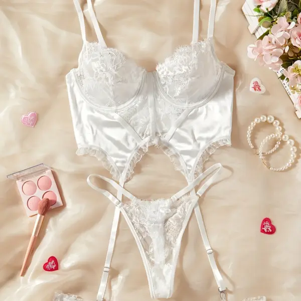 Elegant White Lace Bra Set with Strapless Corset & Garter Belt – Floral Pattern, Contrast Lace Details, Adult Sexy Wear, Romantic Gift Idea, Romantic Gift | Lace Bra Set | Strapless Corset, Lace Bra Set