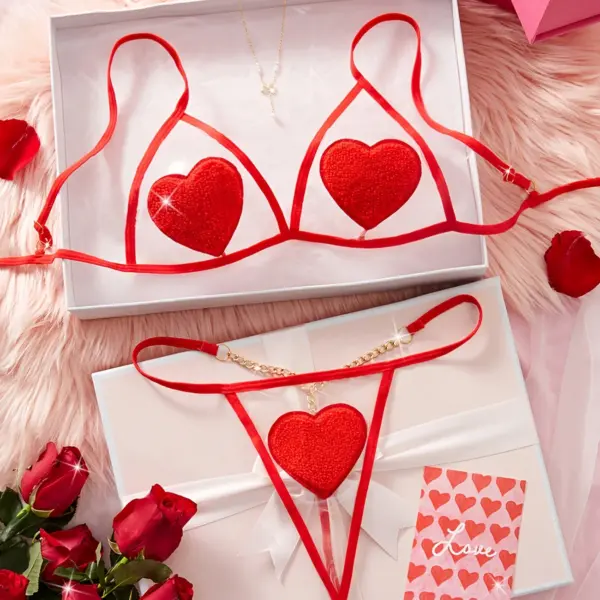 2-Piece Red Love Sexy Lingerie Set – Sheer Mesh Bra and Gold Chain Thong, Women's Sexy Lingerie Set