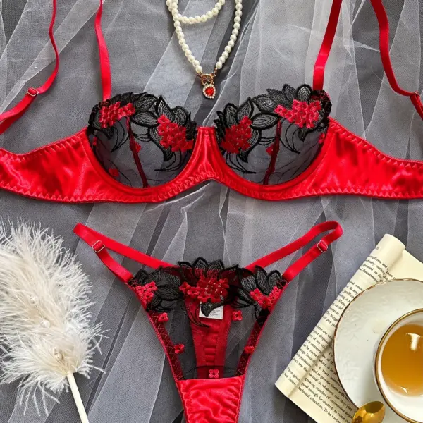 Valentine’s Day Classic Warm Broken Floral Embroidered Romantic Red Holiday Lingerie Set
