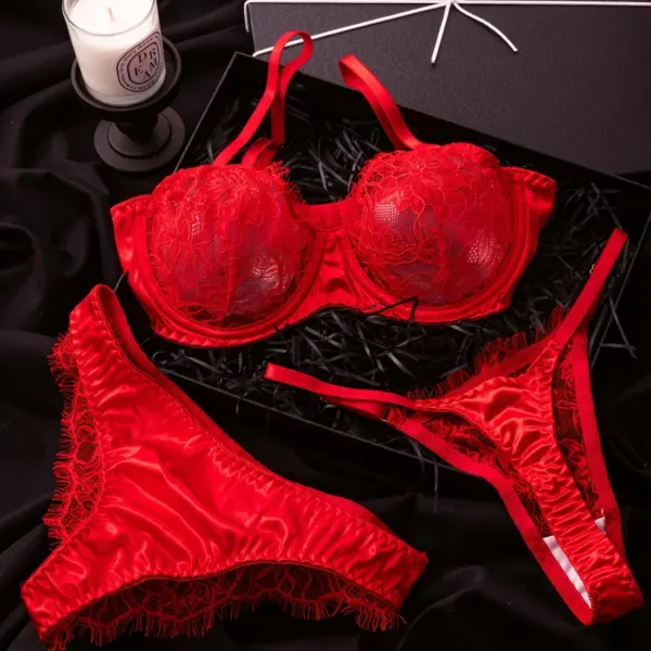 Warm Floral Lace Lingerie Set – Cut-Out Non-Padded Bra and 2 Thongs, Women's Sexy Lingerie and Intimate Wear