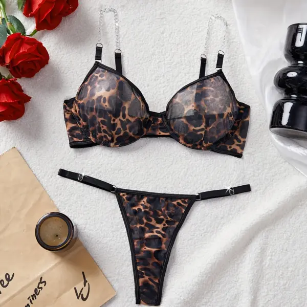 Sexy Leopard Print Bra Set for Women – Elegant Black and Brown Mesh Fabric with Contrast Lace Details, Perfect for Adult Women