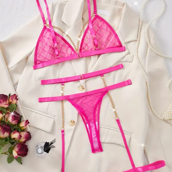3-Piece Solid Color Sheer Mesh Erotic Lingerie Set – Gold Chain Bra & Thong