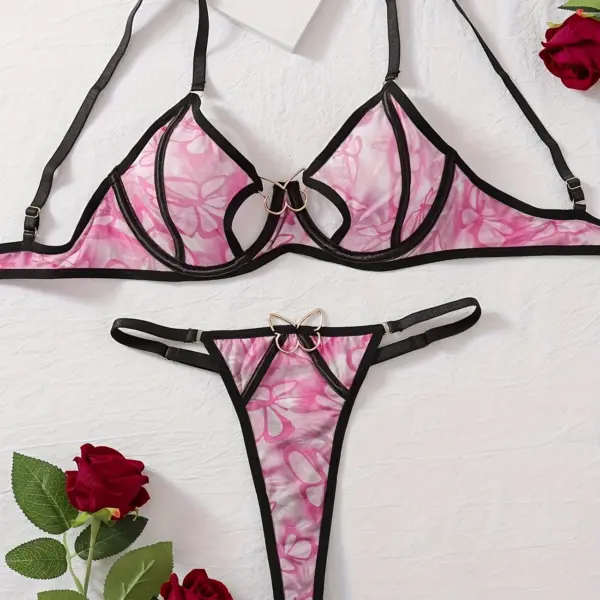 Women's Sexy Two-Piece Lingerie Set – Pink and Black Floral Mesh Bra with Ribbon Detail and Matching Panties, Comfortable and Stylish, For Everyday Wear