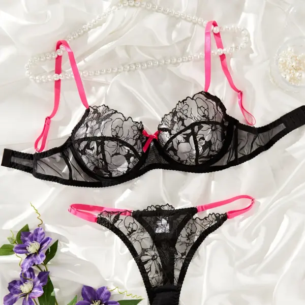 Colorblock Floral Lace Semi-Sheer Bow Lingerie Set – Intimate Bra & Thong, Women's Sexy Intimate Wear & Lingerie