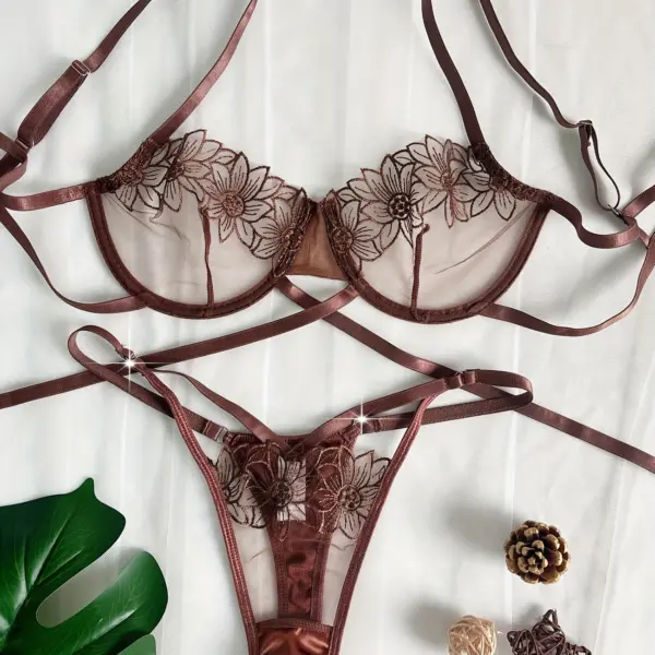 High-Quality Floral Embroidered Sexy Lingerie Set – Unlined Mesh Bra + Panties for Women