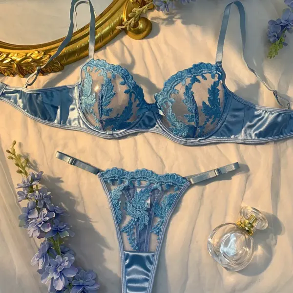 Spring and Summer Solid Color Floral Embroidered Lingerie Set – Unlined Single-Layer Sheer Bra and Thong