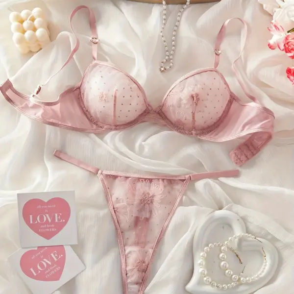 Elegant Pink Lace Floral Embroidered Bra and Panty Set – Contrast Mesh, Romantic Design for Adults