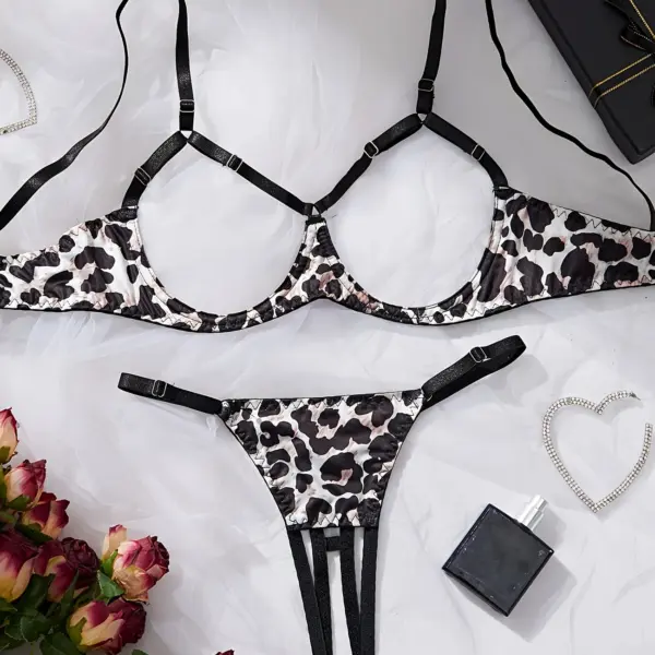 Women's Leopard Print Carved Bra Set with Open Crotch Thong